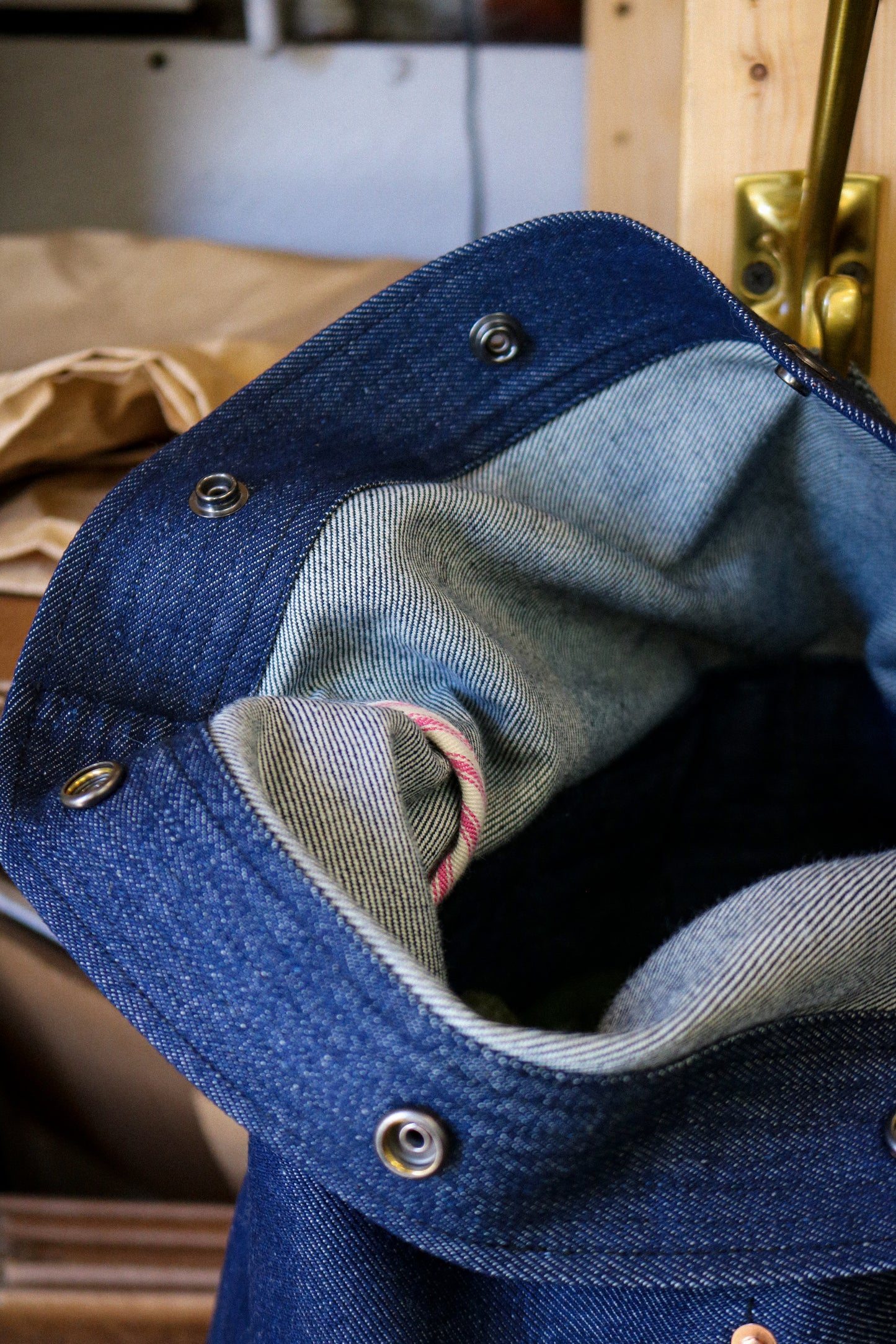 Denim Fold-Over Backpack | BRIGHT BLUE NYLON STRAPS