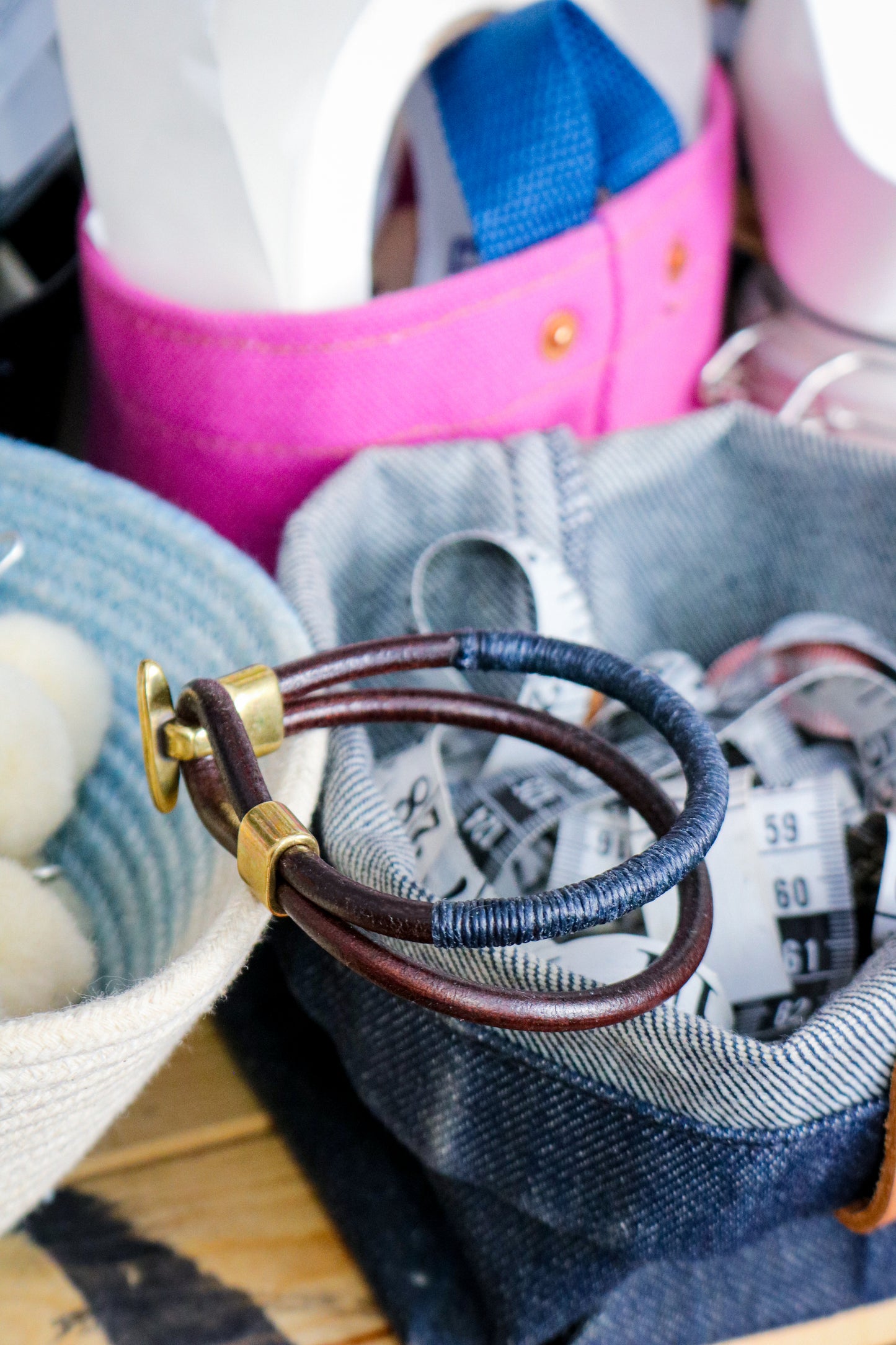 Leather Bracelet | BROWN + INDIGO THREAD + BRASS
