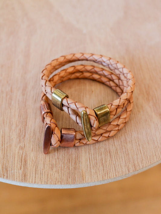 [MISFIT/SAMPLE] Leather Bracelet | 7.75" NATURAL BRAIDED BOLO + BRASS/COPPER