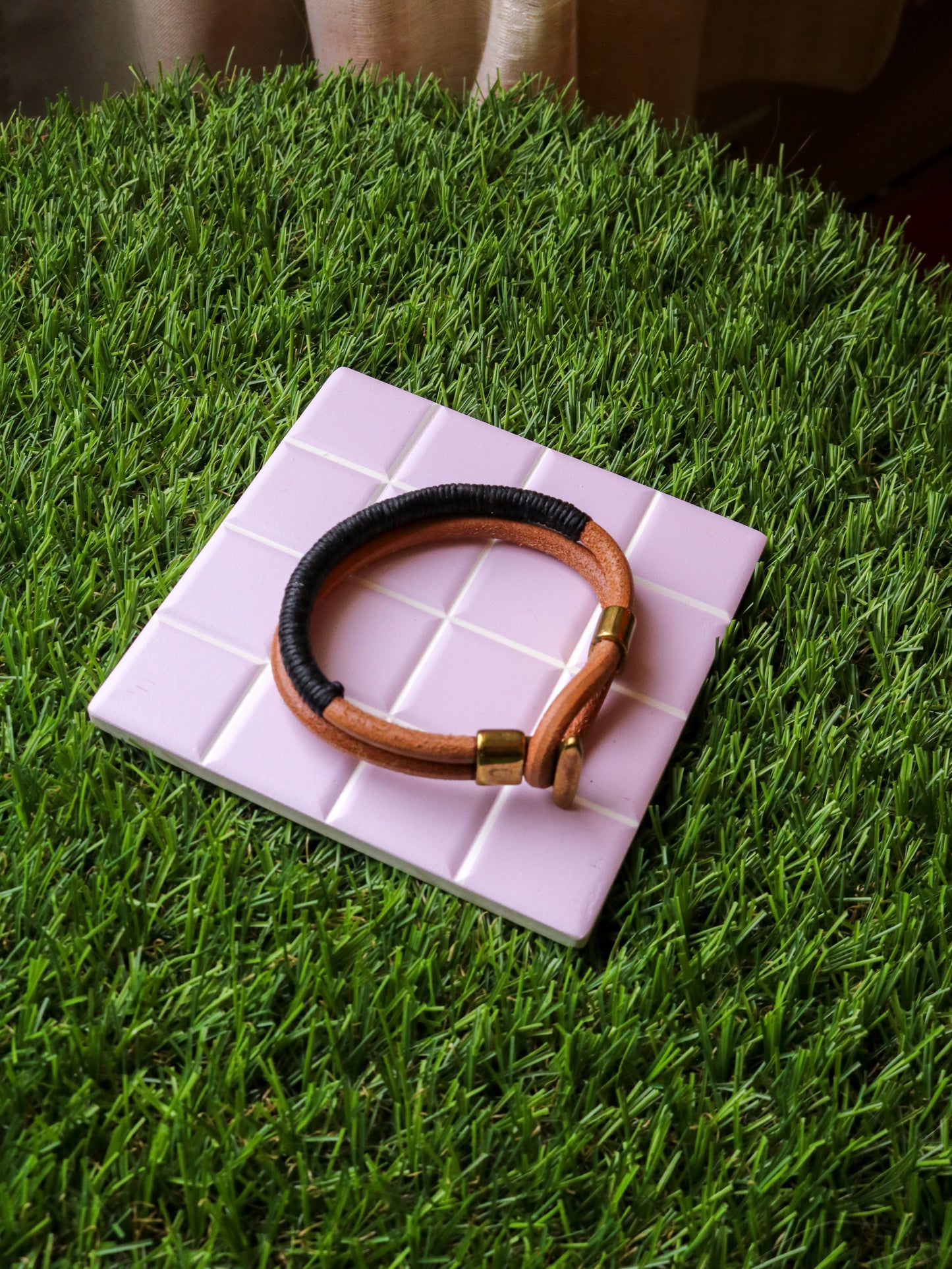 [MISFIT/SAMPLE] Friendship Leather Bracelet | 8" TAN + BLACK THREAD + BRASS