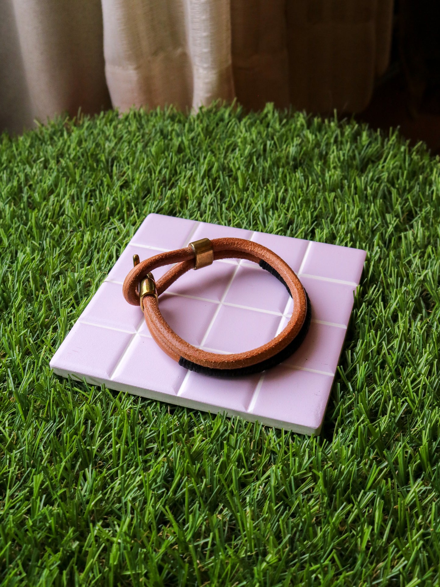 [MISFIT/SAMPLE] Friendship Leather Bracelet | 8" TAN + BLACK THREAD + BRASS
