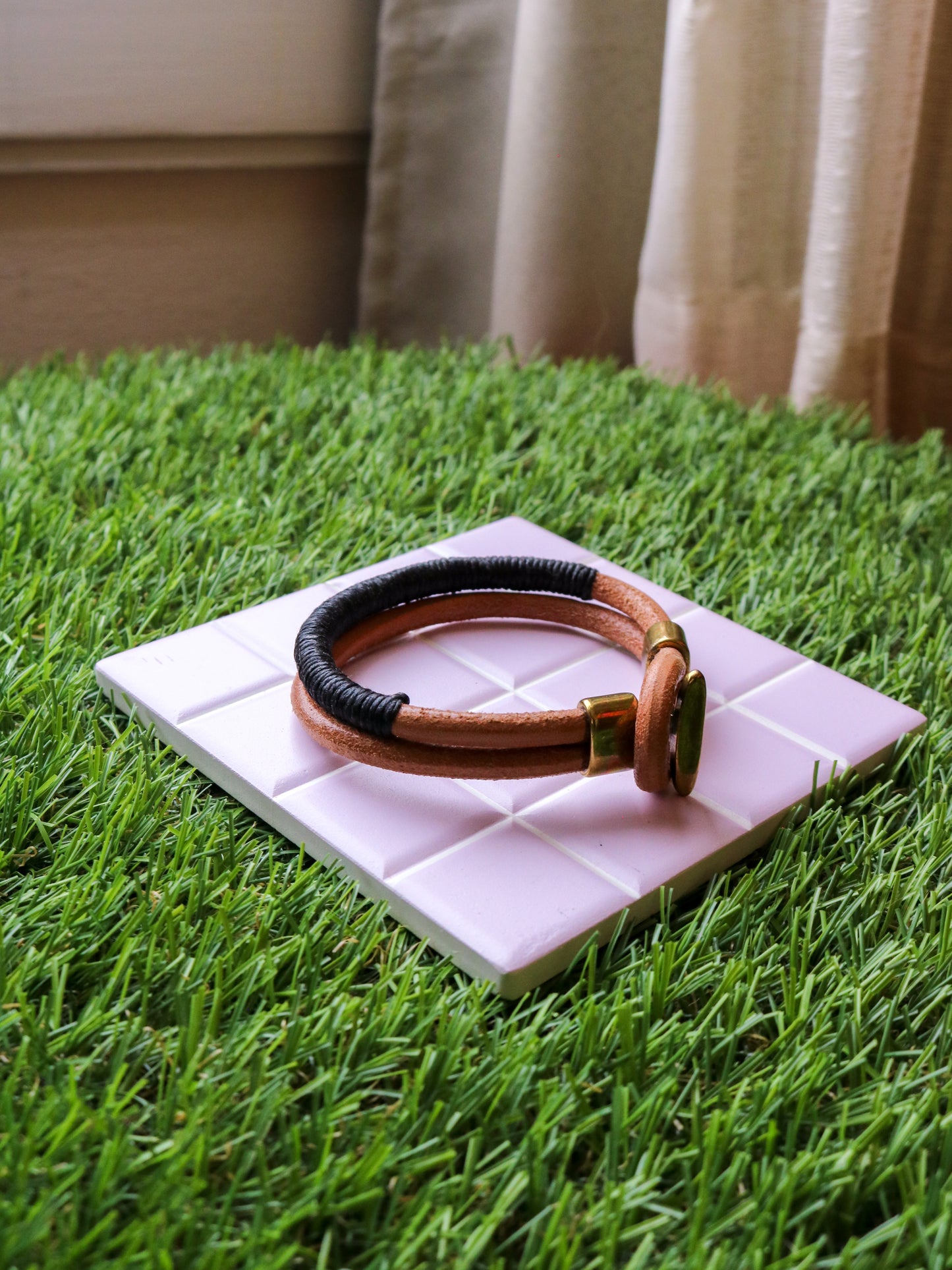 [MISFIT/SAMPLE] Friendship Leather Bracelet | 8" TAN + BLACK THREAD + BRASS