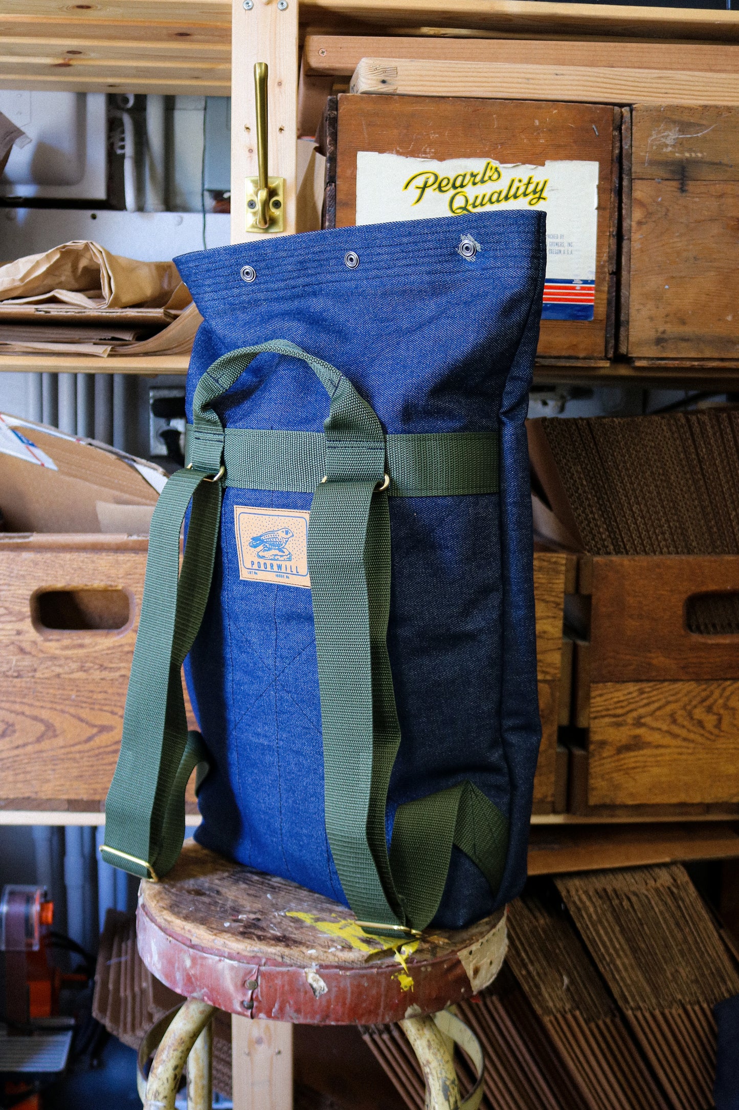 [MISFIT/SAMPLE] Denim Fold-Over Backpack | OLIVE GREEN NYLON STRAPS