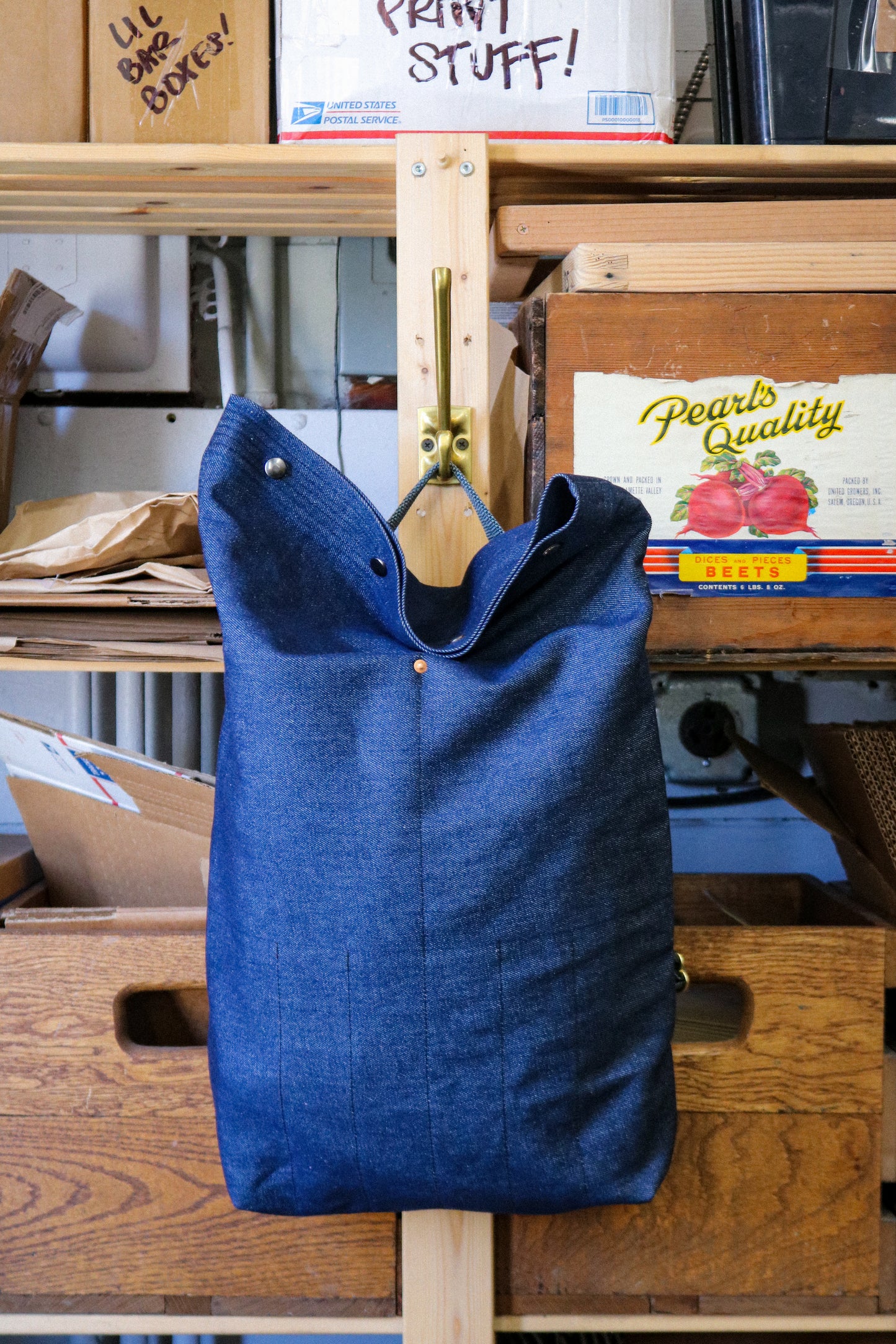 Denim Fold-Over Backpack | BRIGHT BLUE NYLON STRAPS