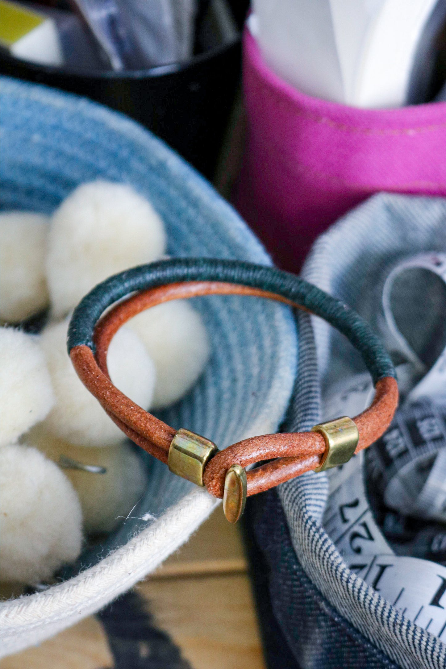 Leather Bracelet | TAN + GREEN THREAD + BRASS