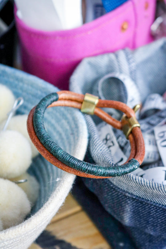 Leather Bracelet | TAN + GREEN THREAD + BRASS