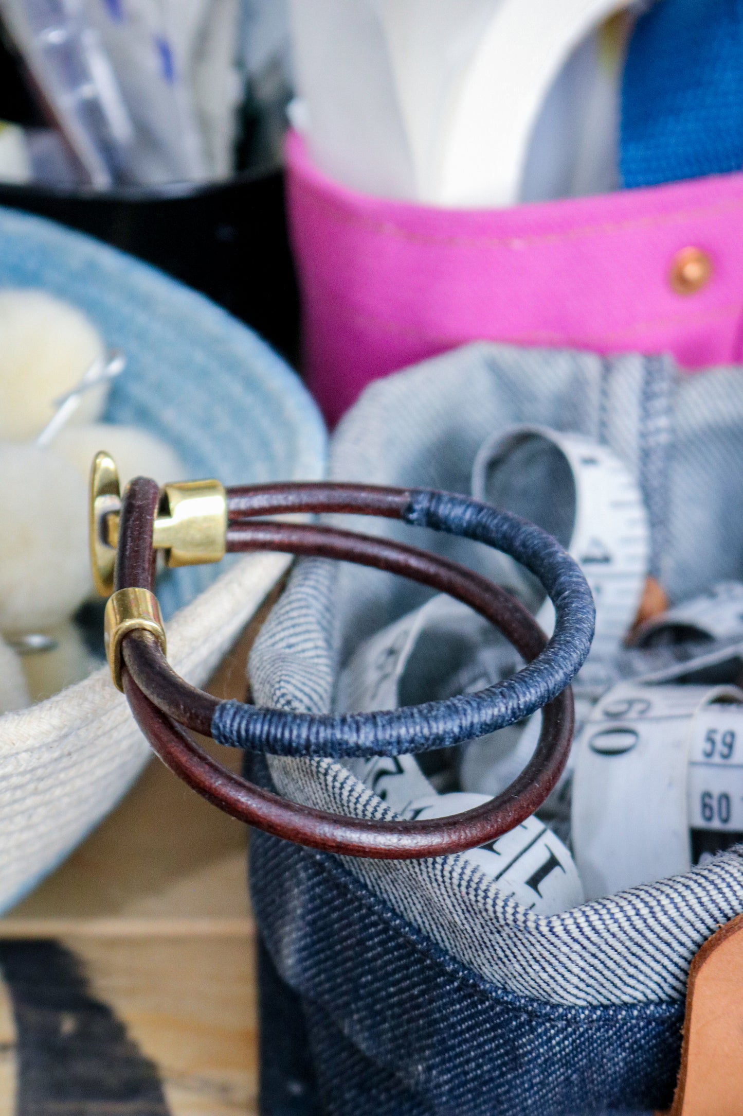 Leather Bracelet | BROWN + INDIGO THREAD + BRASS