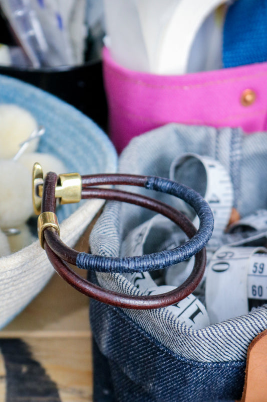 Leather Bracelet | BROWN + INDIGO THREAD + BRASS