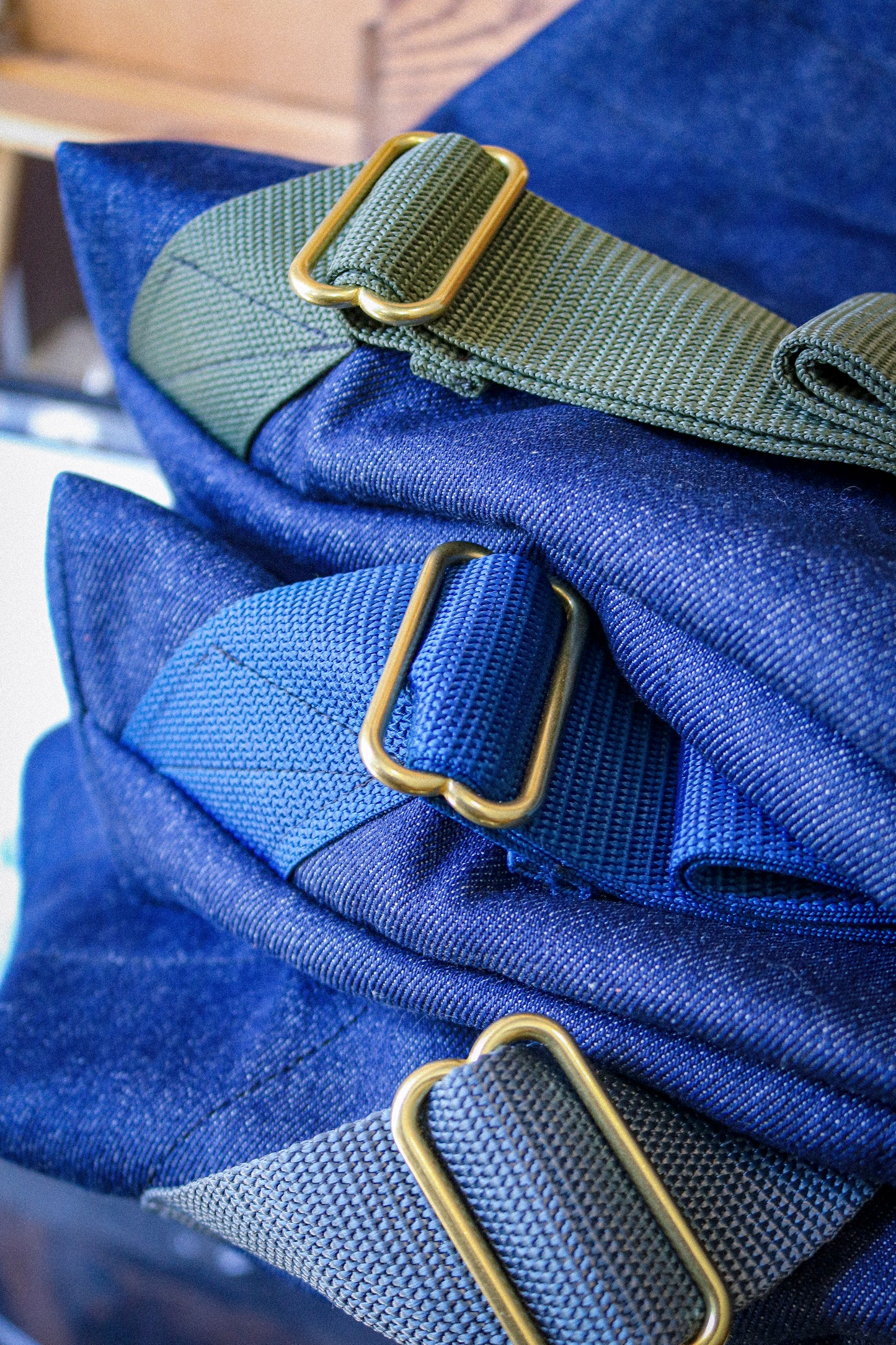 Denim Fold-Over Backpack | BRIGHT BLUE NYLON STRAPS