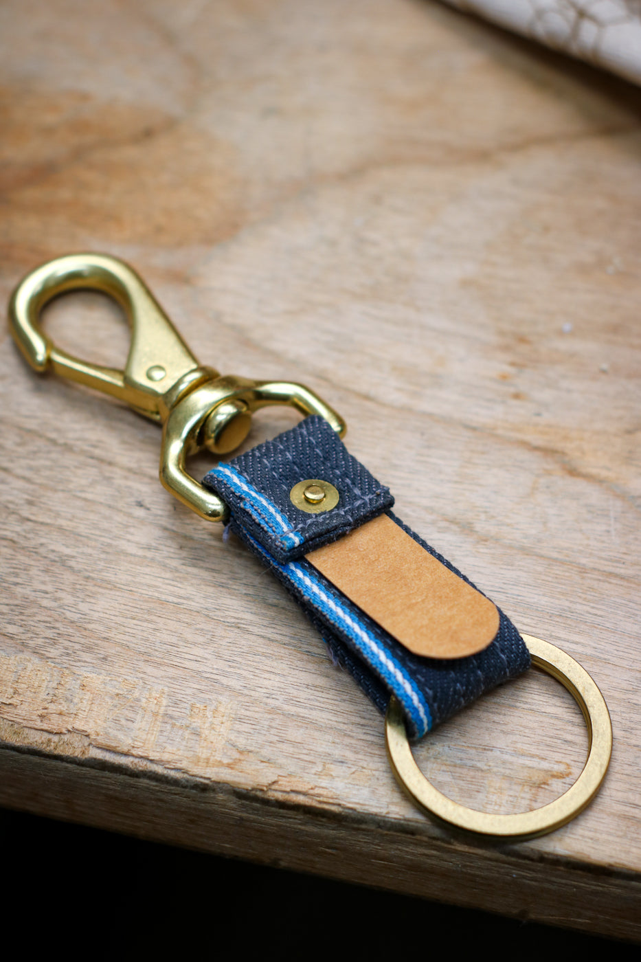 Selvedge Denim Keyfob | Teal Selvedge + Grey Japanese Denim + Kraft Paper Tab