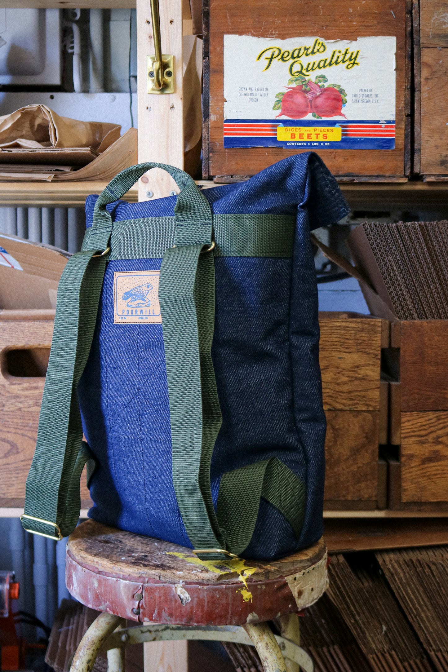 Denim Fold-Over Backpack | BRIGHT BLUE NYLON STRAPS