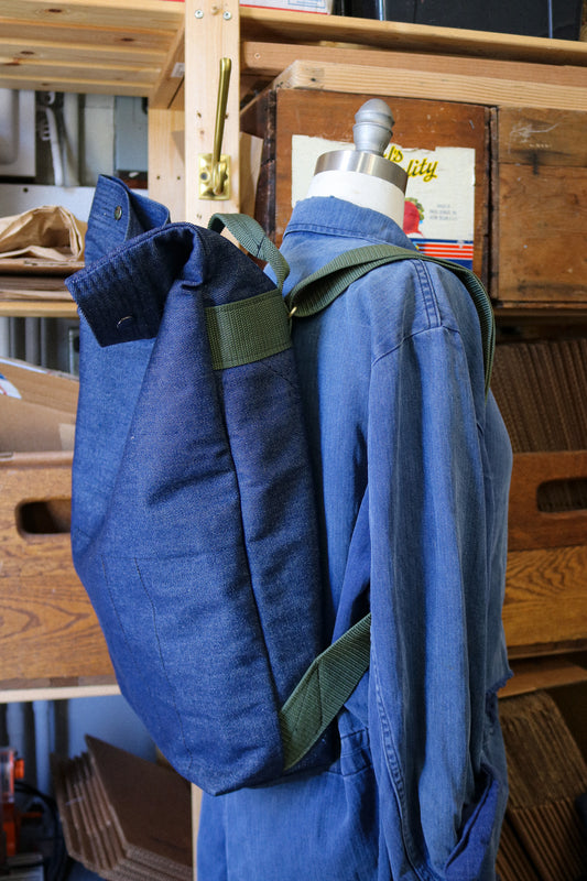 Denim Fold-Over Backpack | BRIGHT BLUE NYLON STRAPS